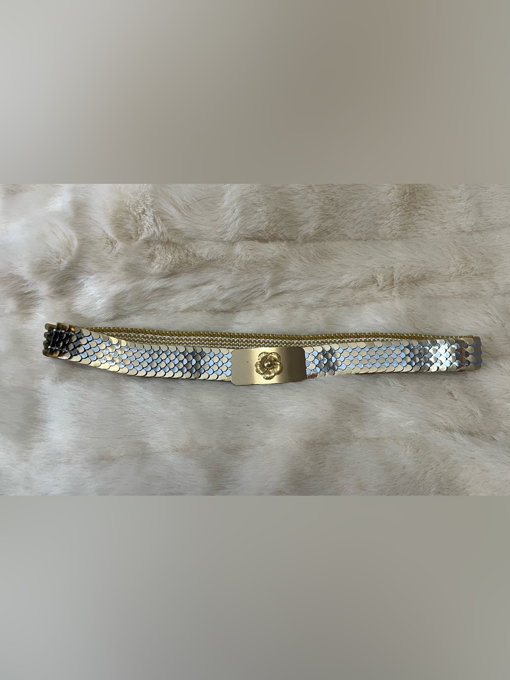 Vintage Gold Silver Metal Scale Belt Flower Buckle Disco Glam Statement
